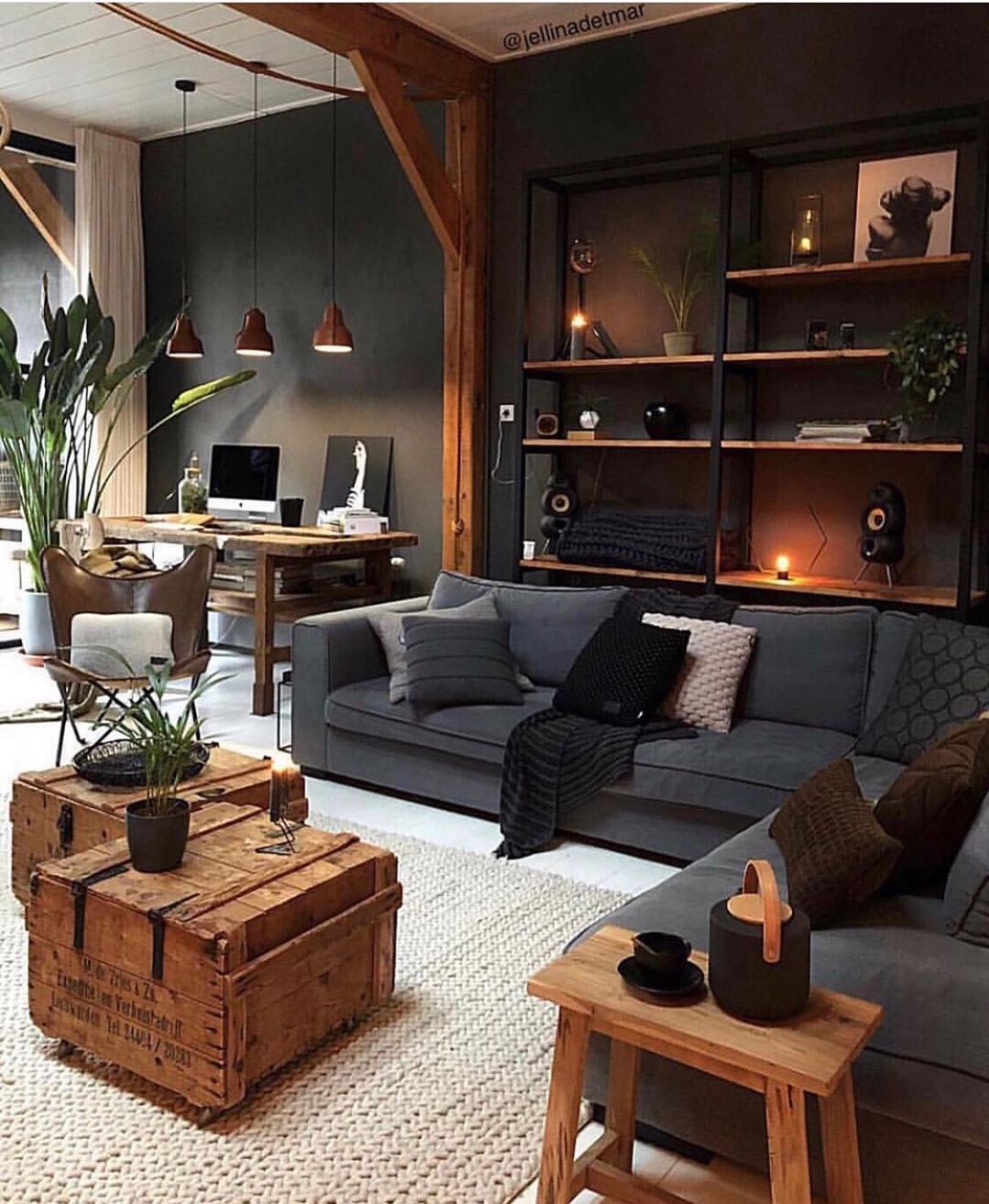 Wood and black living room